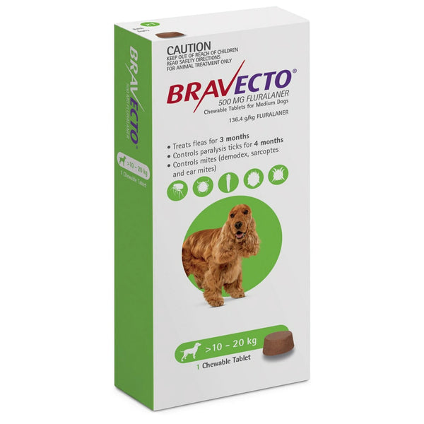 Bravecto 500mg Medium 22-44 lbs/pounds (10-20 kg) For Dog Tablet 12 weeks Protection